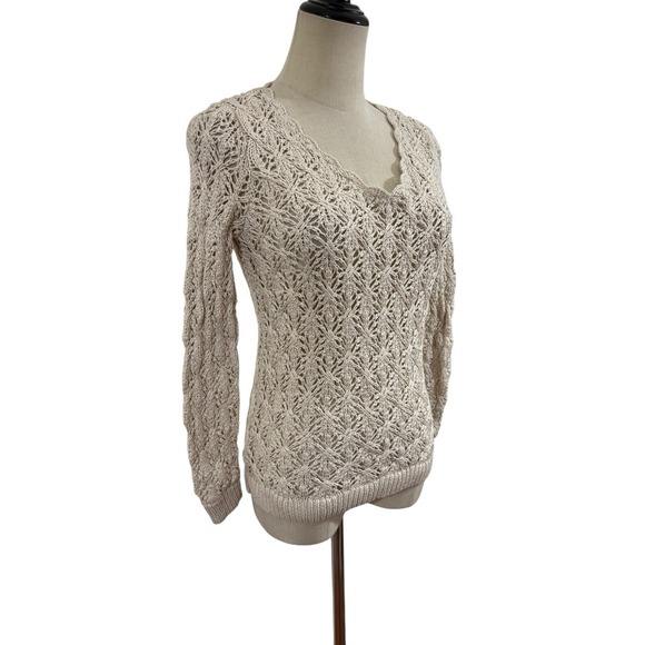 Loft Petite Open Knit Cotton Sweater Cream XS Crochet V Neck Boho Coastal - Picture 2 of 7